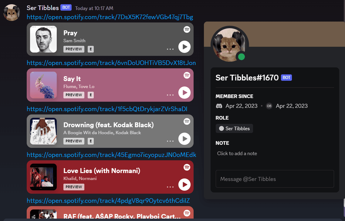 Ser Tibbles Discord music recommendation bot